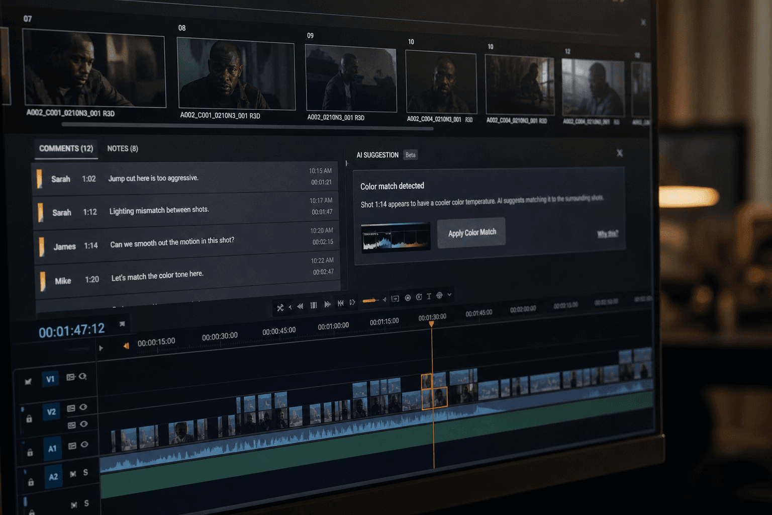 Revue de raccord au montage avec corrections plan par plan pour continuité film IA