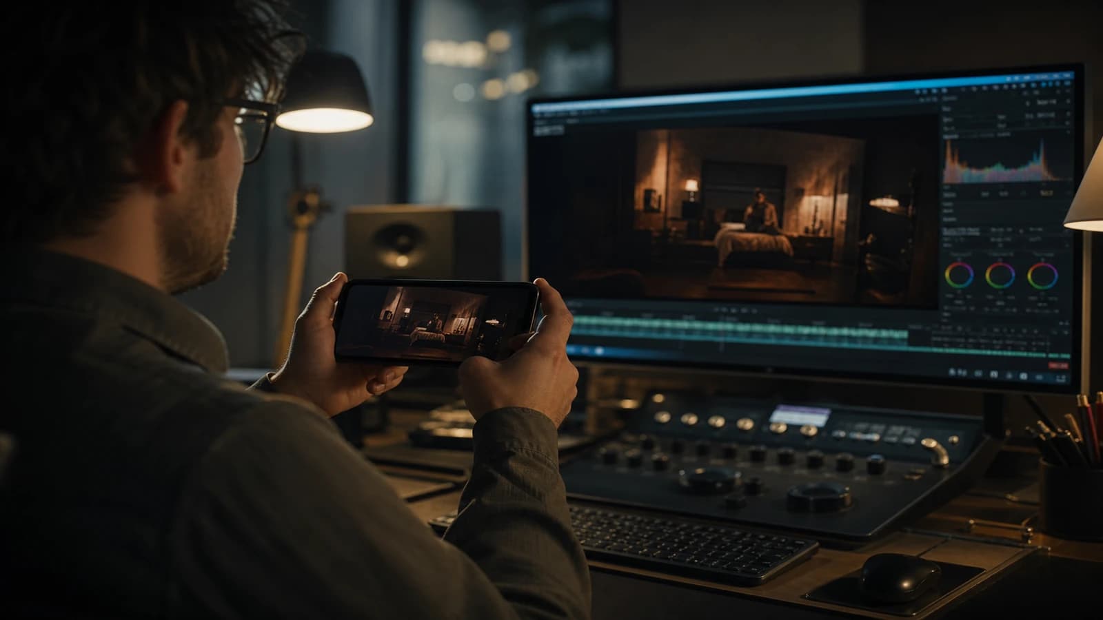 Validation finale d un master video IA sur ecran mobile et moniteur etalonne