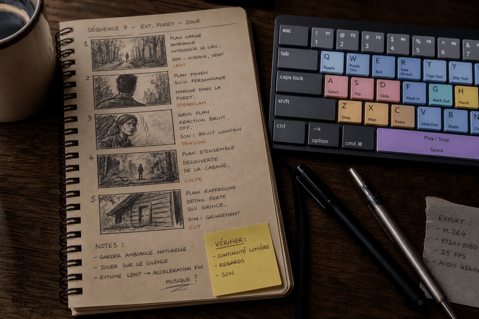 Carnet storyboard annotations et clavier raccourcis NLE photoréaliste