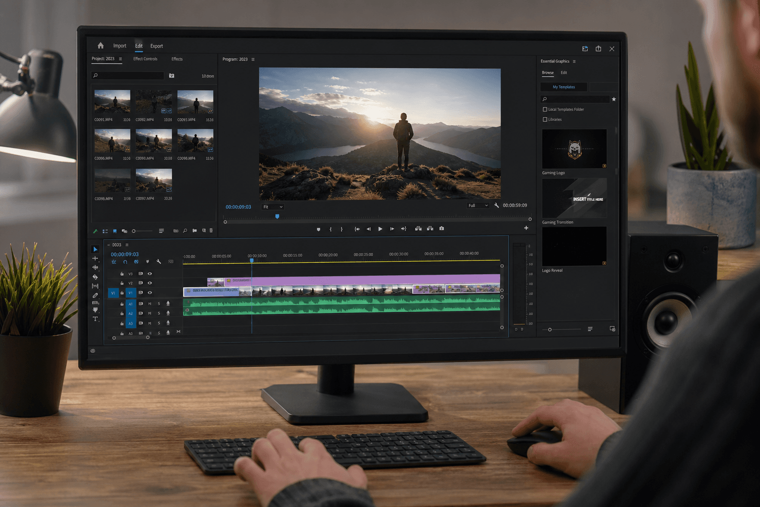 Interface logiciel vidéo timeline et preview plan IA, mains sur souris, photoréaliste
