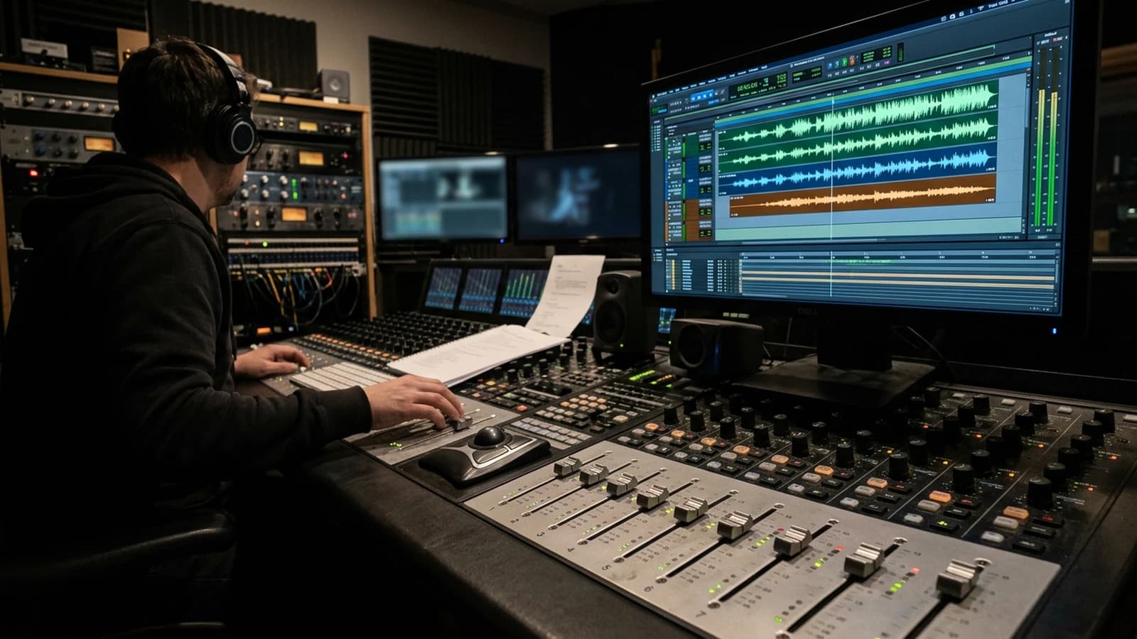 Mixage final d'une voix off IA intégrée dans une scène avec ambiance et musique filmique