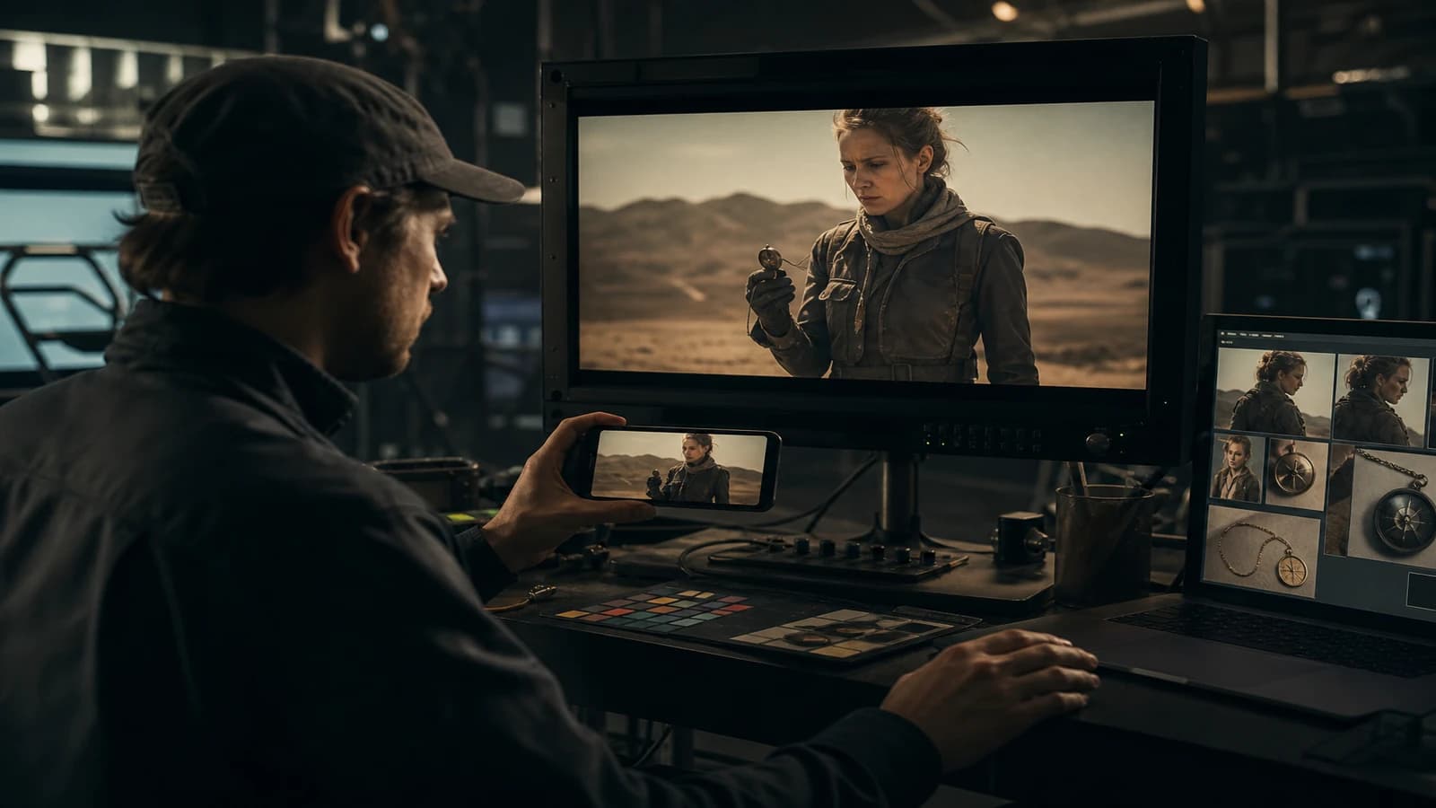 Validation finale d un master video IA sur ecran mobile et moniteur etalonne