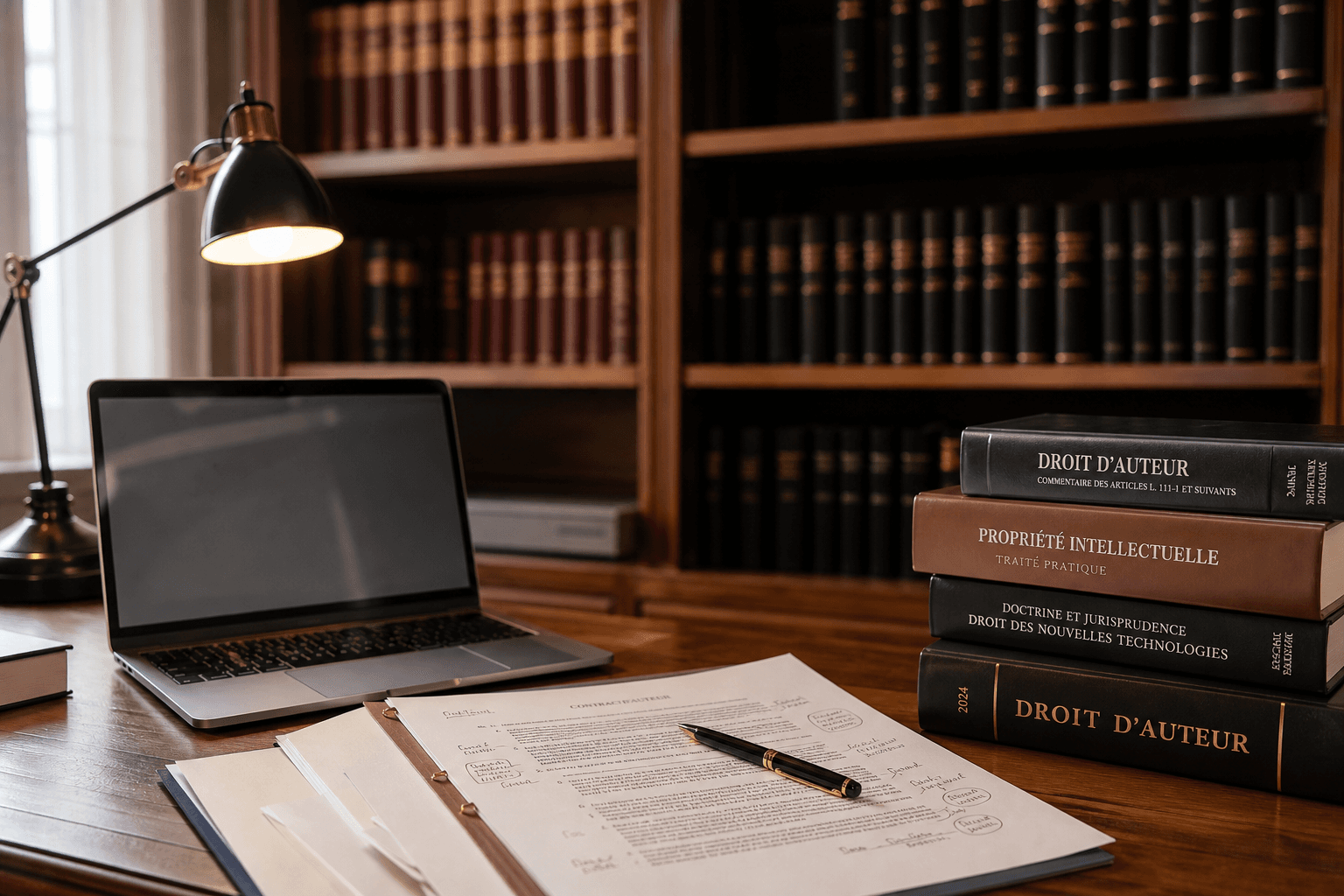 Bibliothèque droit auteur volumes et laptop annotations contrat, lumière douce bureau avocat créatif