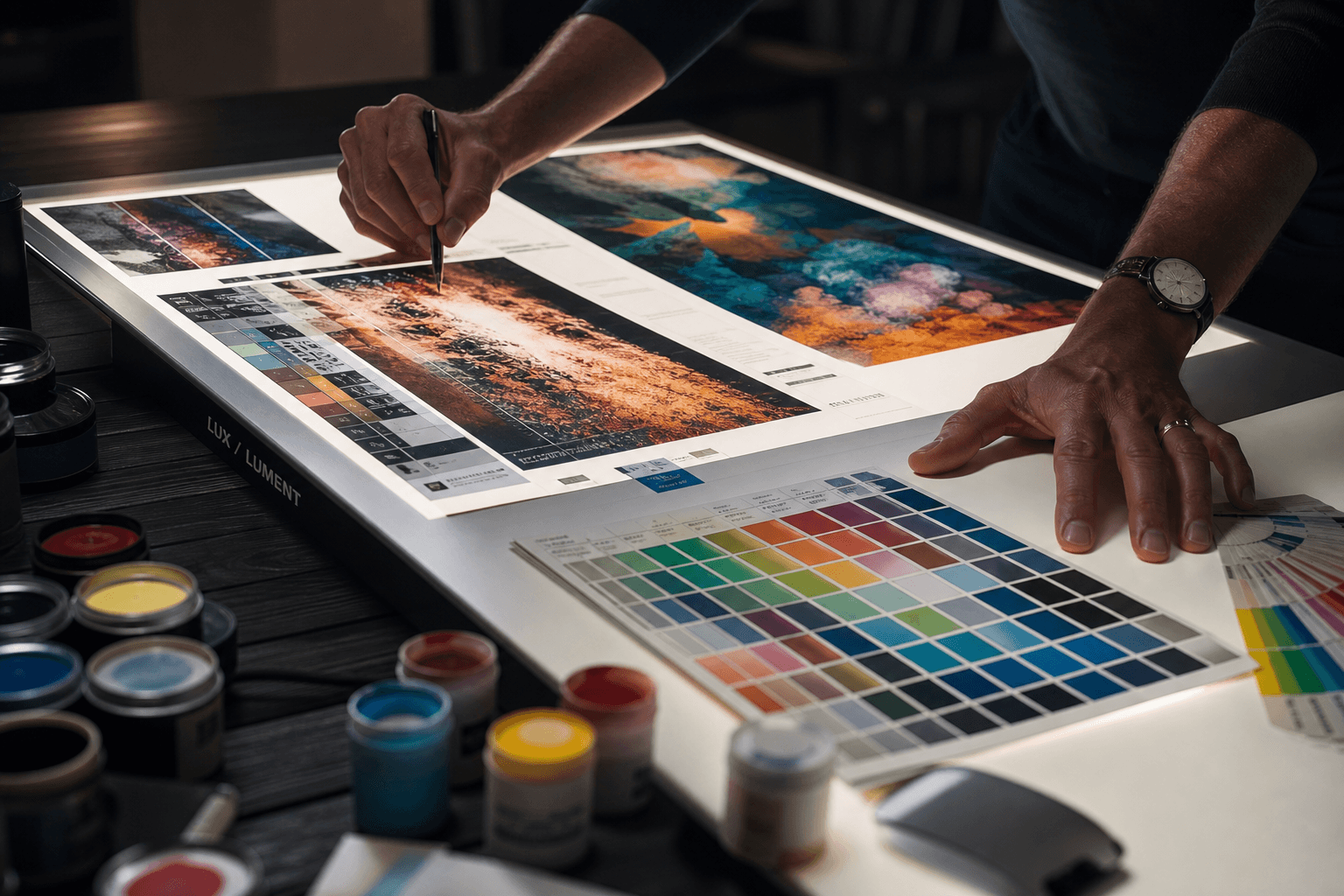 Table lumineuse prints couleur et nuancier peinture, mains DA photoréaliste