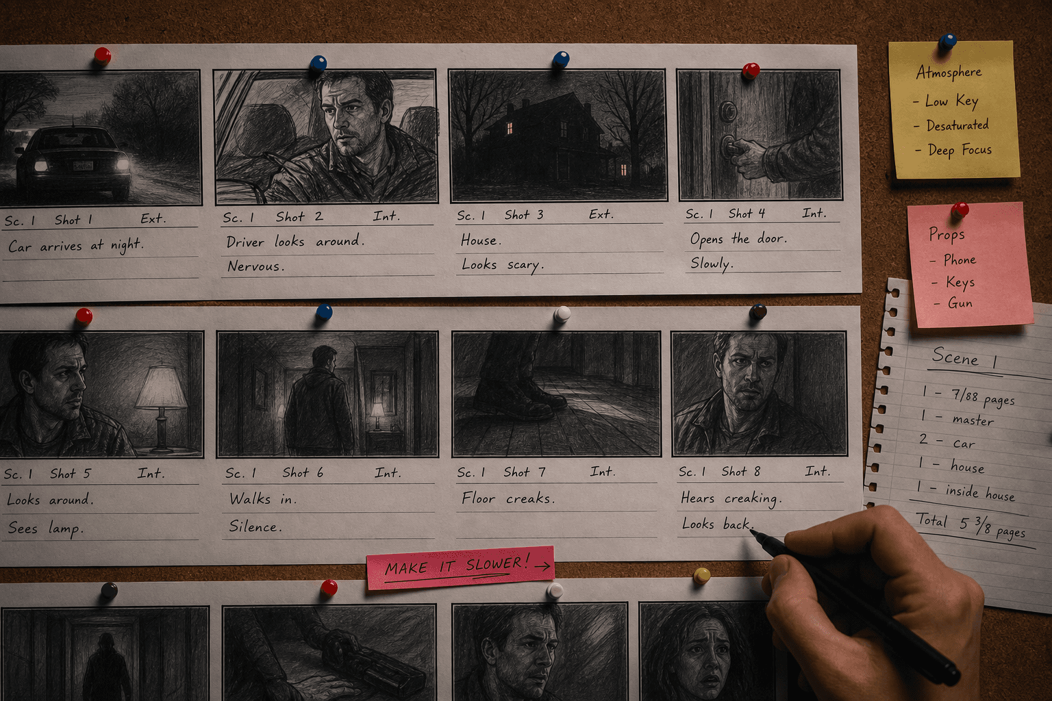 Storyboard épingle mur annotations main stylo photoréaliste