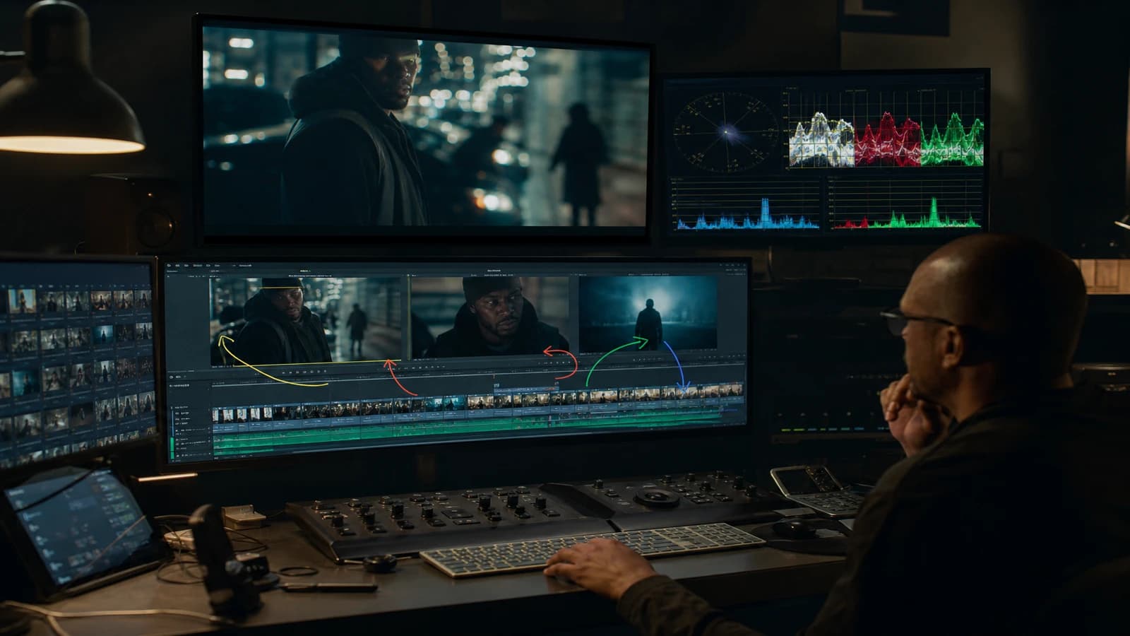 Comparaison de versions A B C sur une timeline de montage avec annotations visuelles