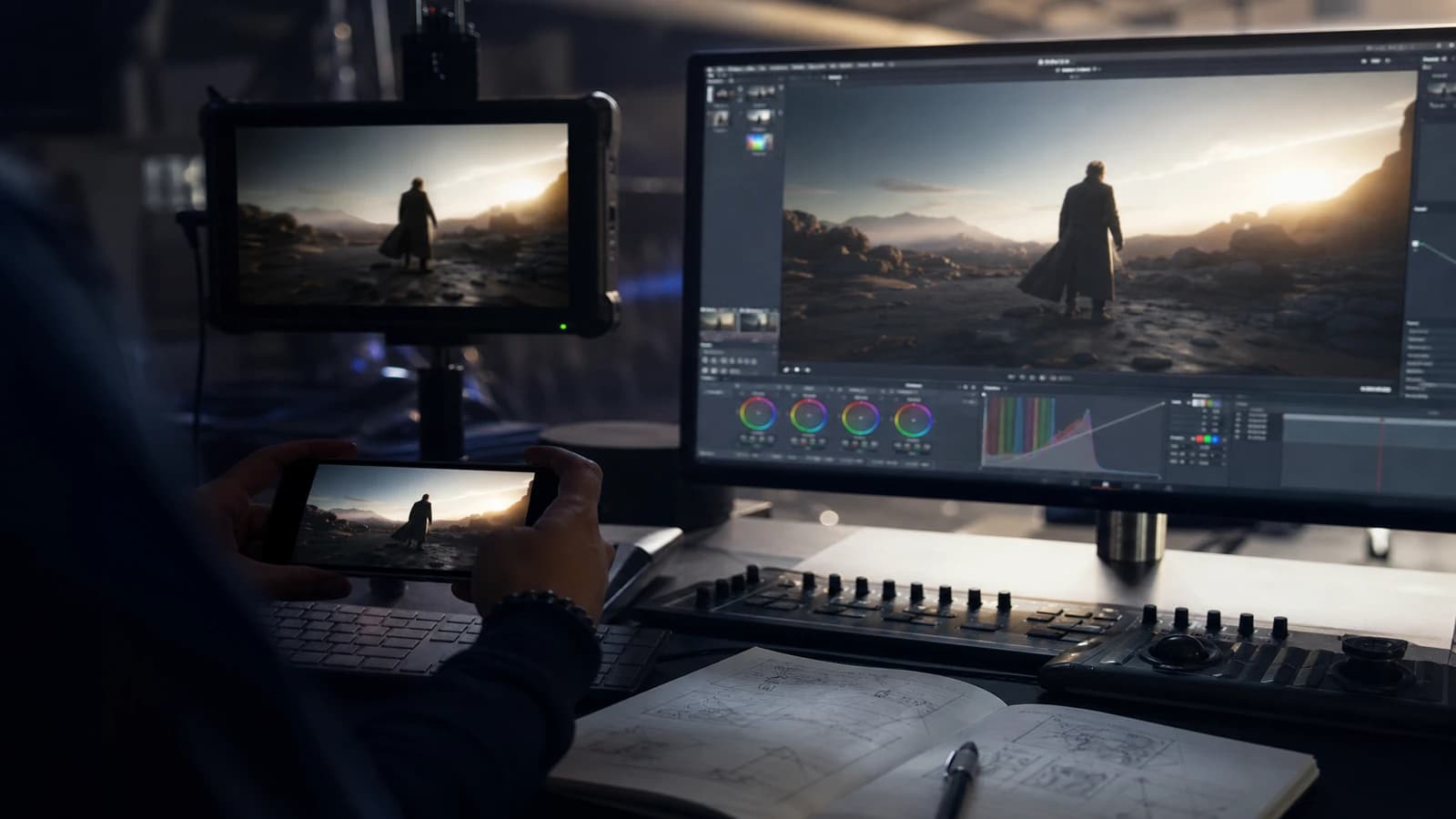 Validation finale d un master video IA sur ecran mobile et moniteur etalonne