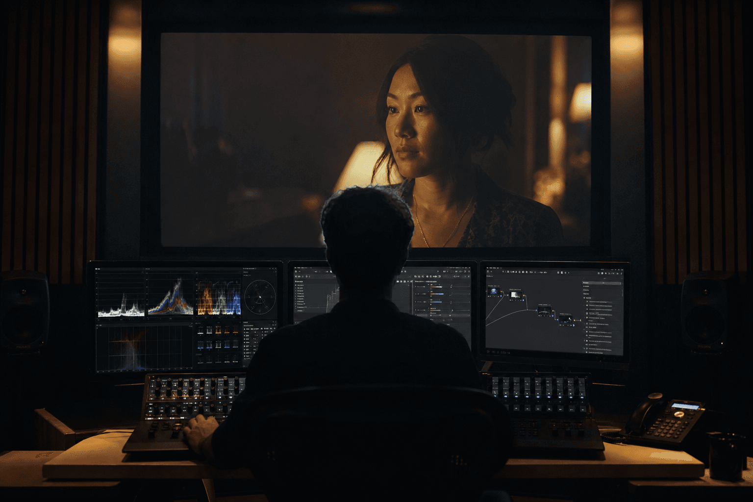 Salle de grading sombre, scopes vidéo, silhouette coloriste ajustant courbes, ambiance cinéma
