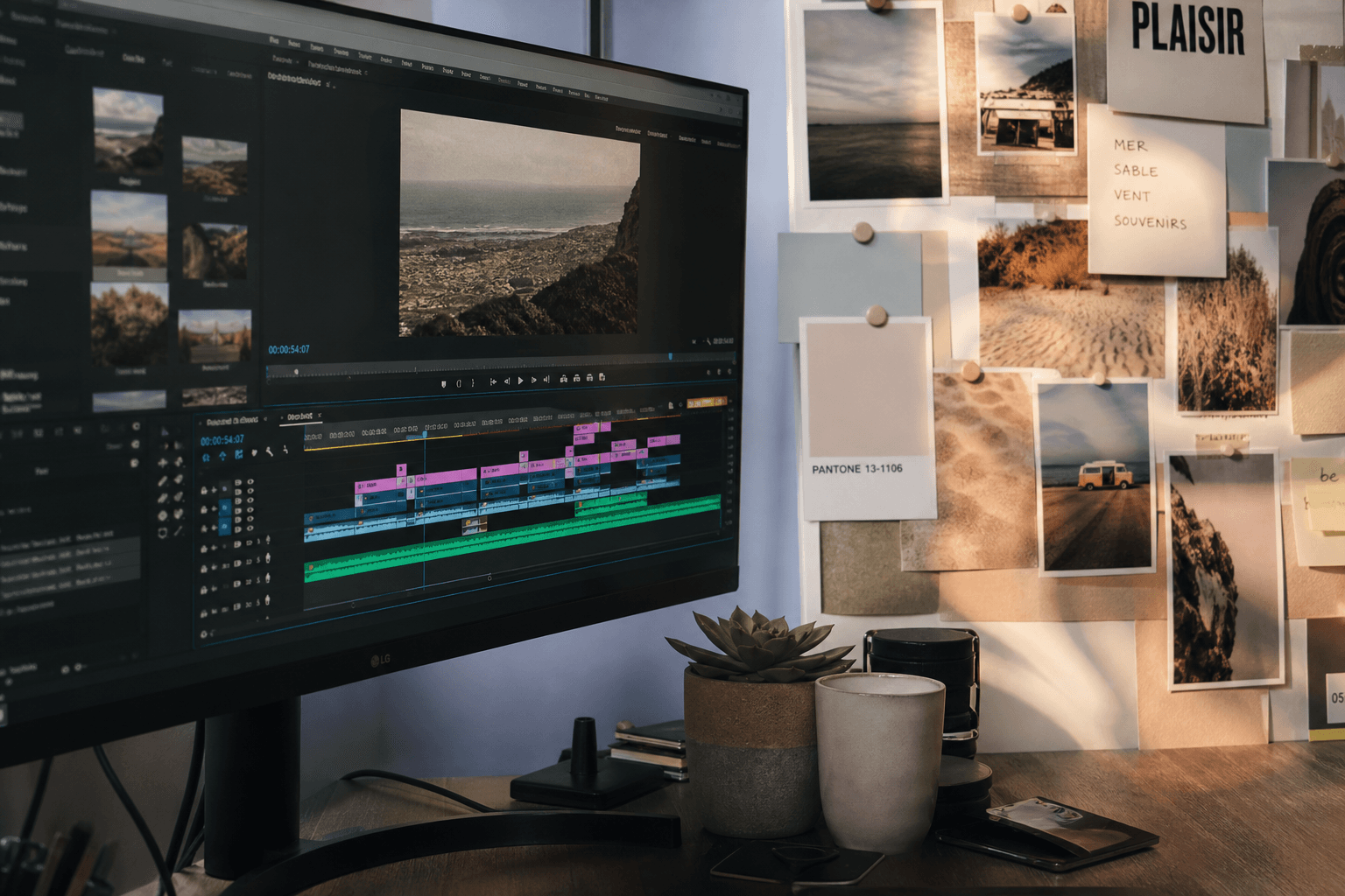 Écran partagé : timeline montage et moodboard imprimé épinglé, lumière latérale bureau créatif