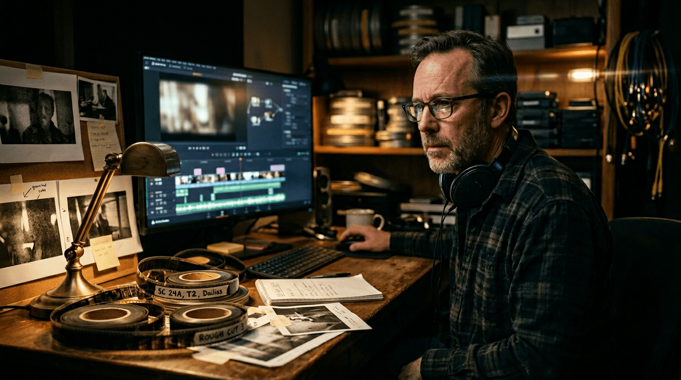 Petit lieu de post production, veille sur un film, références physiques sur le bureau, écran en arrière plan, ambiance humaine.