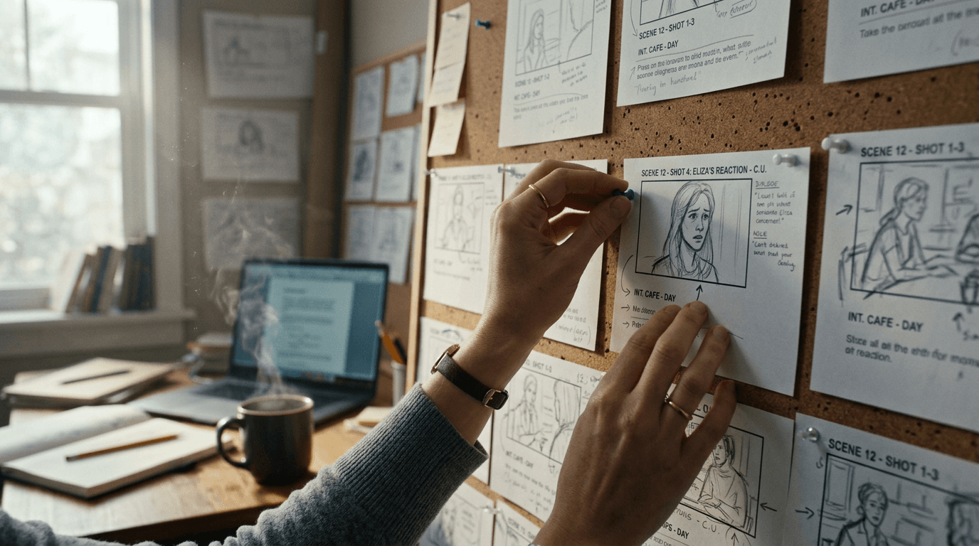 Storyboard et préparation visuelle au feeling “vrai studio”, refs épinglées, mains dans le cadre, lumière du matin.