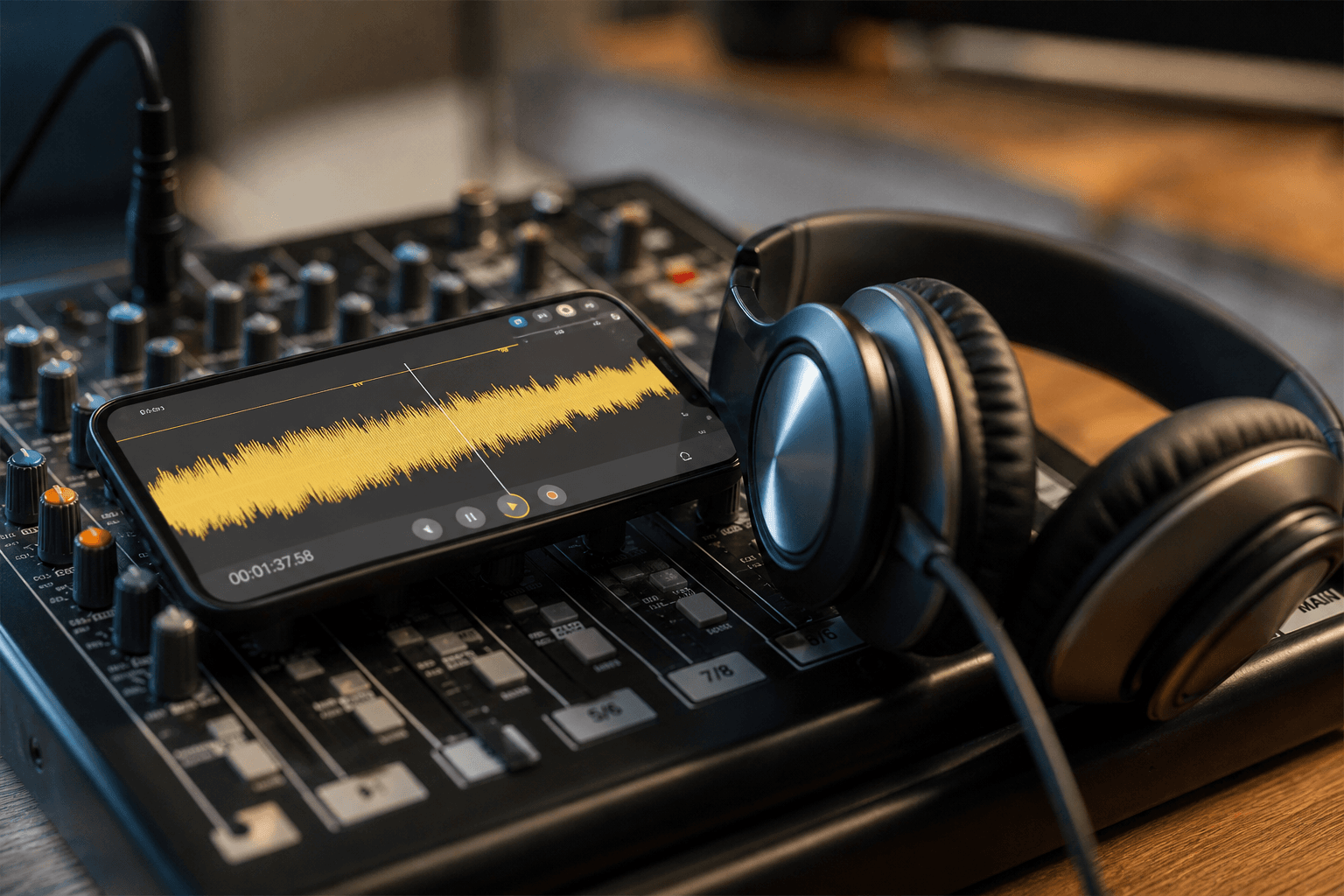 Smartphone et casque audio sur table mixage miniature, onde sonore à l'écran, ambiance créateur mobile photoréaliste