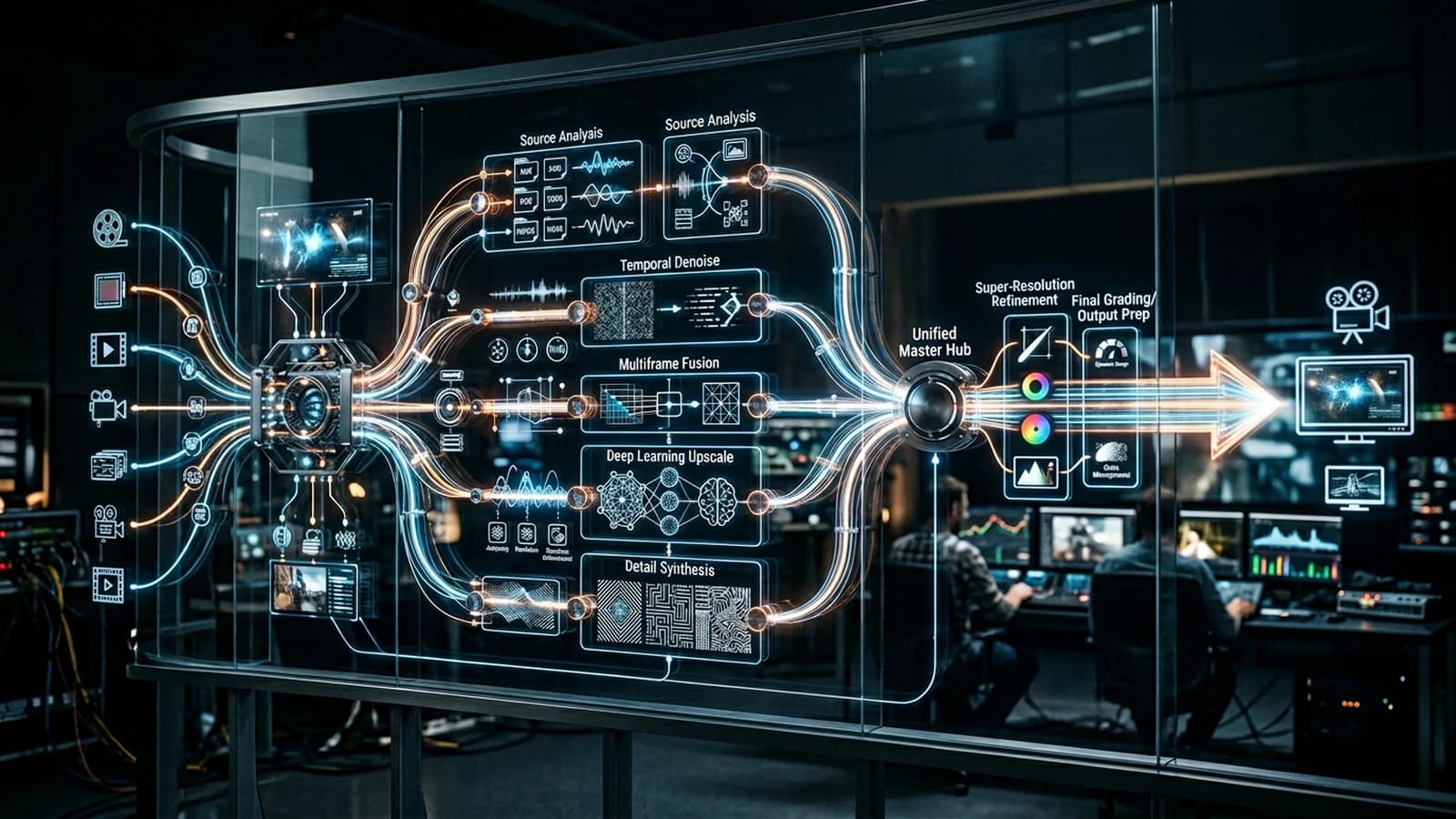 Pipeline de restauration multi-sources avec profils d'upscaling IA par famille de plans