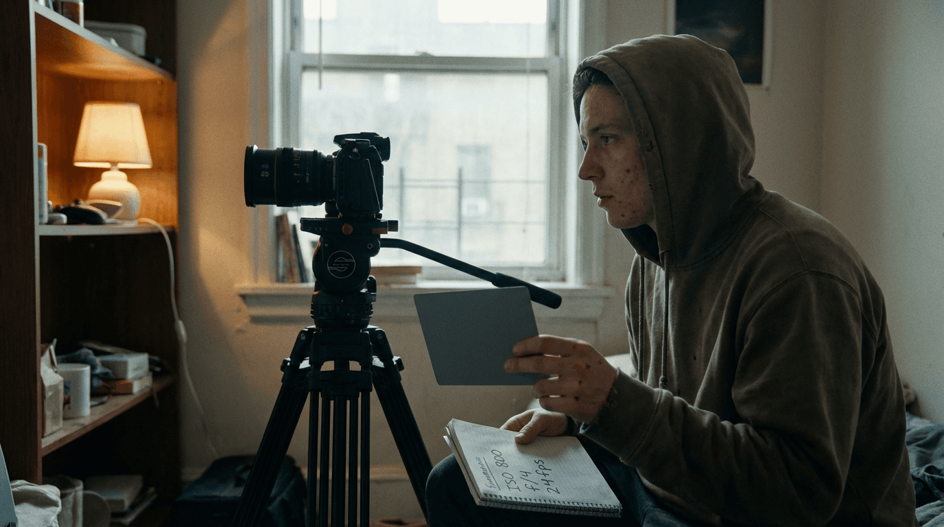 Créateur débutant prépare des repères, carte grise, lumière mixte jour et tungstène, cadrage d’appartement