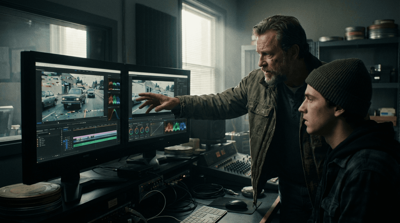 Session de comparaison deux écrans, mentor montre tearing et textures, suite de montage