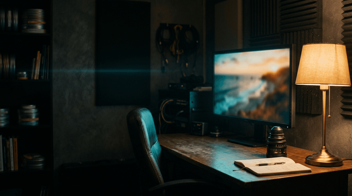 Ambiance cinéma : bureau de travail image, écran de référence et lumière chaude, style plateau et étalonnage.