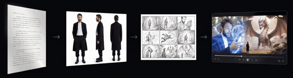 Workflow de creation: idee, personnage, storyboard, puis film IA.
