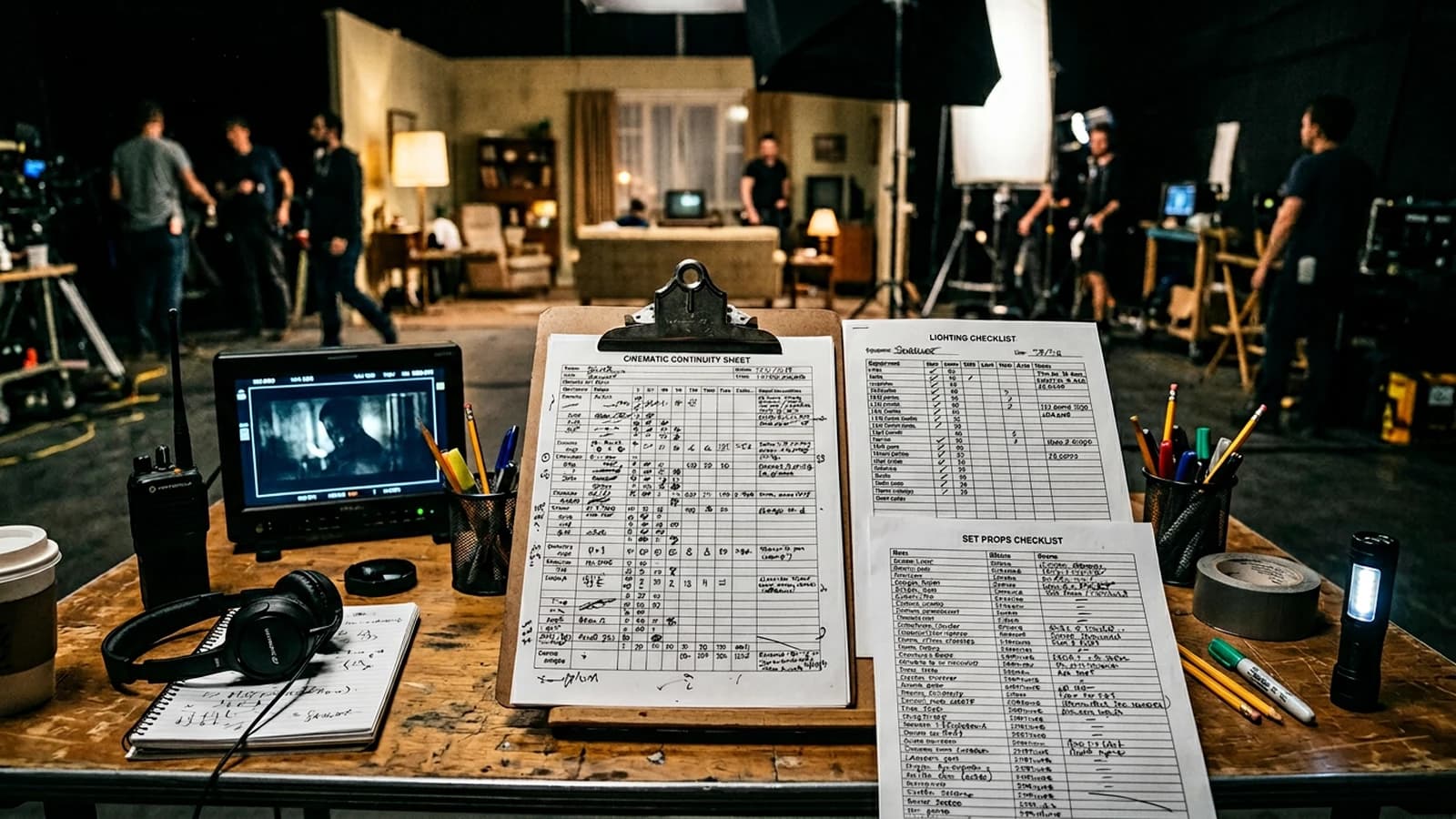 Tableau de continuité visuelle avec contrôle lumière décor et accessoires dans film IA